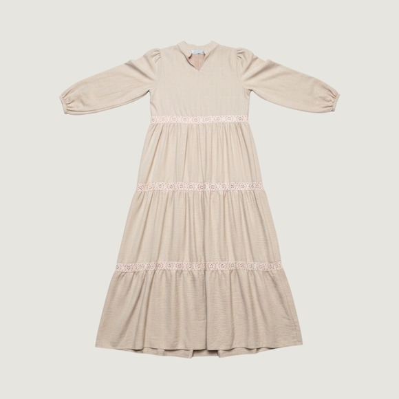 Modern Abayati Dresses & Skirts - Modern Tan Farmhouse Eyelet Tiered Modest Maxi Dress Long Sleeve Women M Cottage